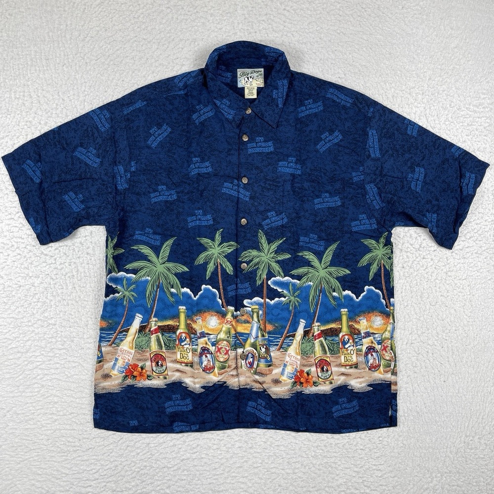 Big Dogs Shirt Mens Large Blue Hawaiian Beer Travel Casual Y2K‎ Vacation Hawaii